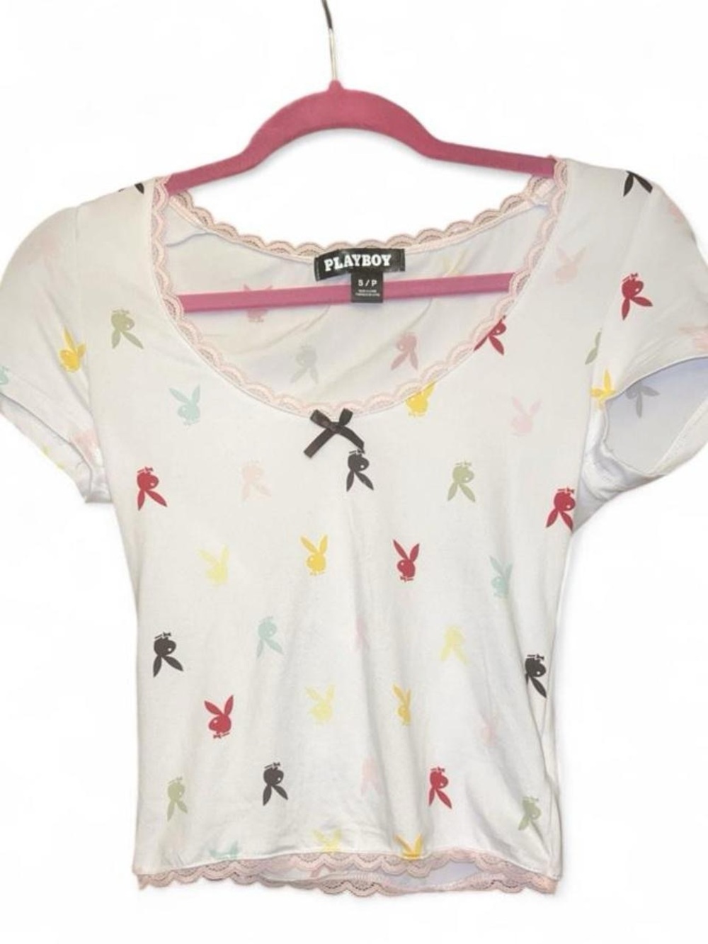 Playboy Bunny Pastel Lace Trim Baby Tee Y2K Coquette Fairy Grunge Top Size S